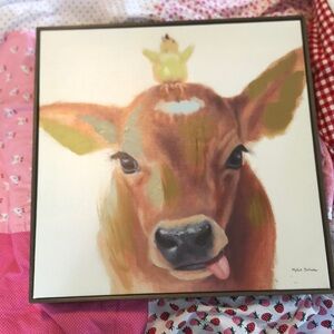Cute Myles Sullivan Cow and Chick Painting on framed canvas